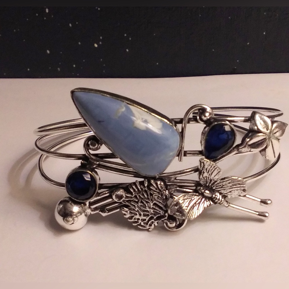 Blue Sapphire Owhyee Blue Opal Stamped 925 Sterling Silver Cuff Bracelet